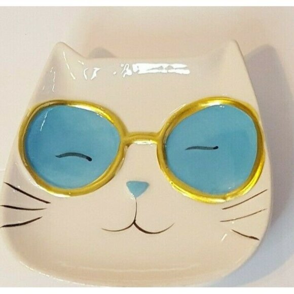 Cool Cat Trinket Jewelry Tray Nightstand Dish Plate Ceramic White Sunglasses - Picture 2 of 5